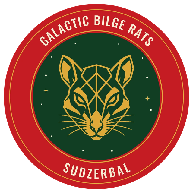 Galactic Bilge Rats badge: a gold geometric rat face on a green field inside a red ring